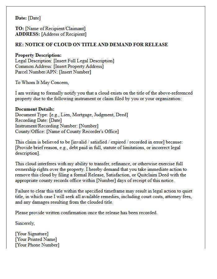 Notice of Cloud on Title Letter