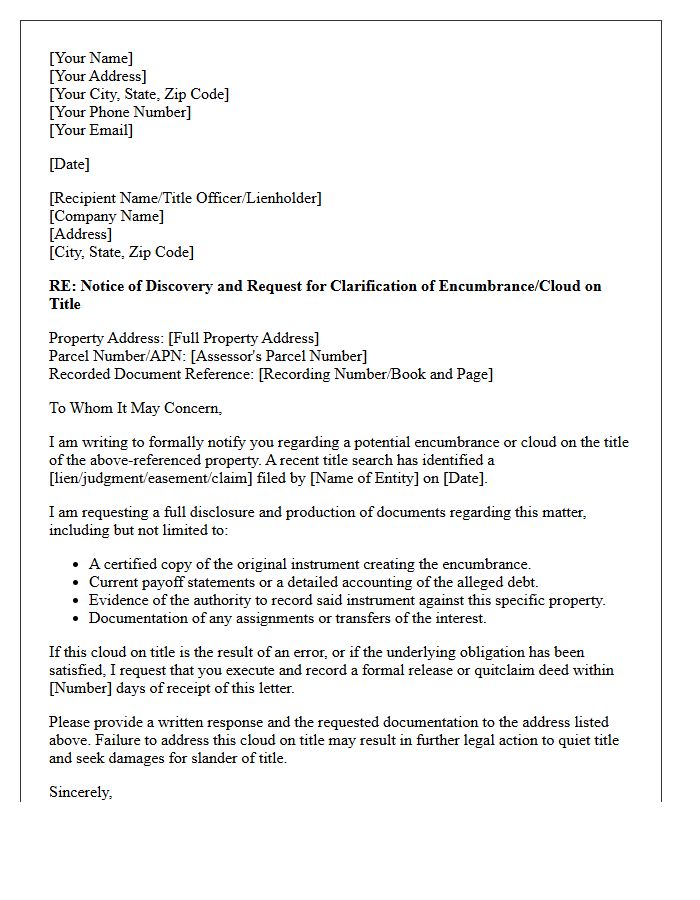 Encumbrance and Cloud on Title Discovery Letter