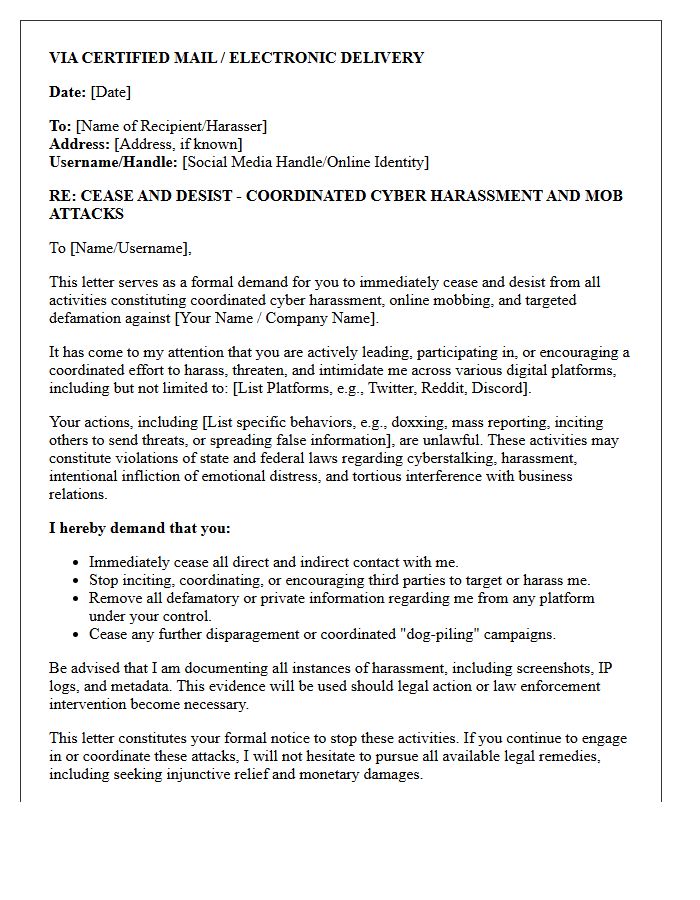 Cease and Desist Letter for Coordinated Cyber Mob Attacks