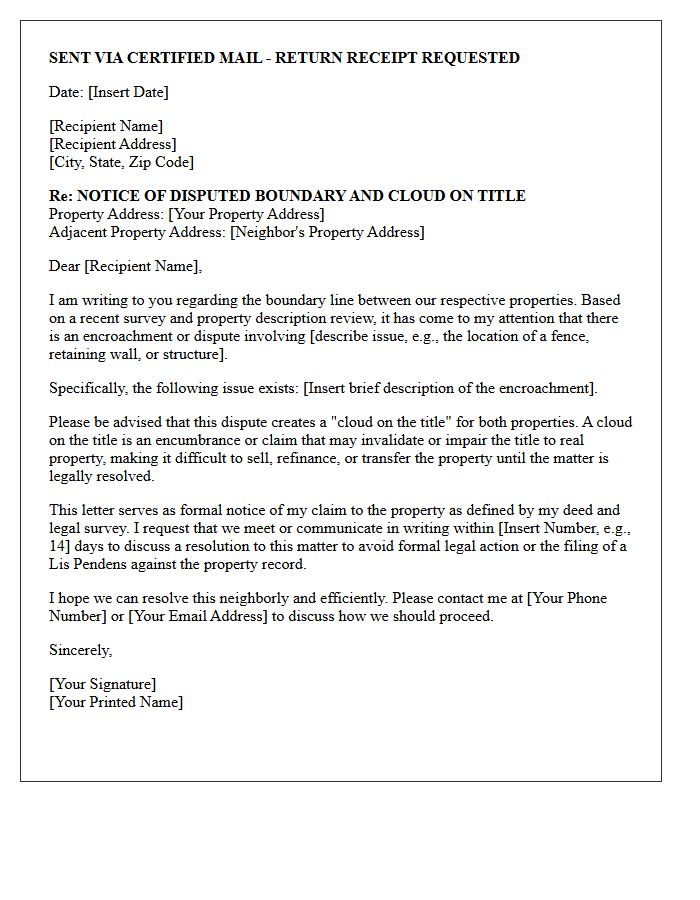 Boundary Dispute Cloud on Title Warning Letter