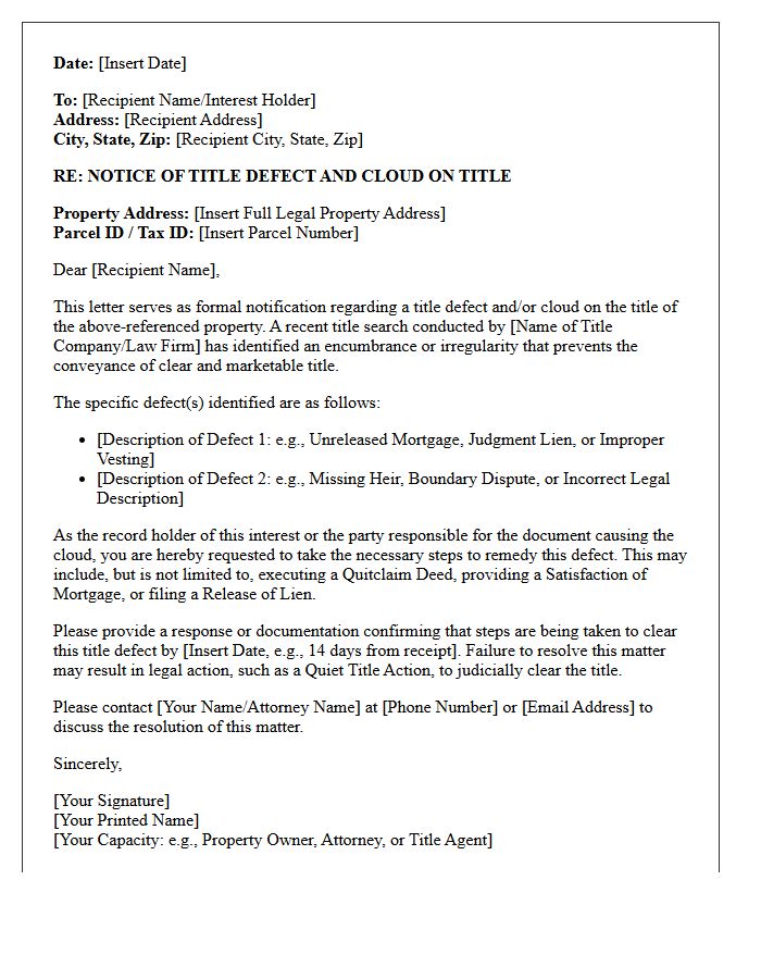 Title Defect and Cloud Notification Letter