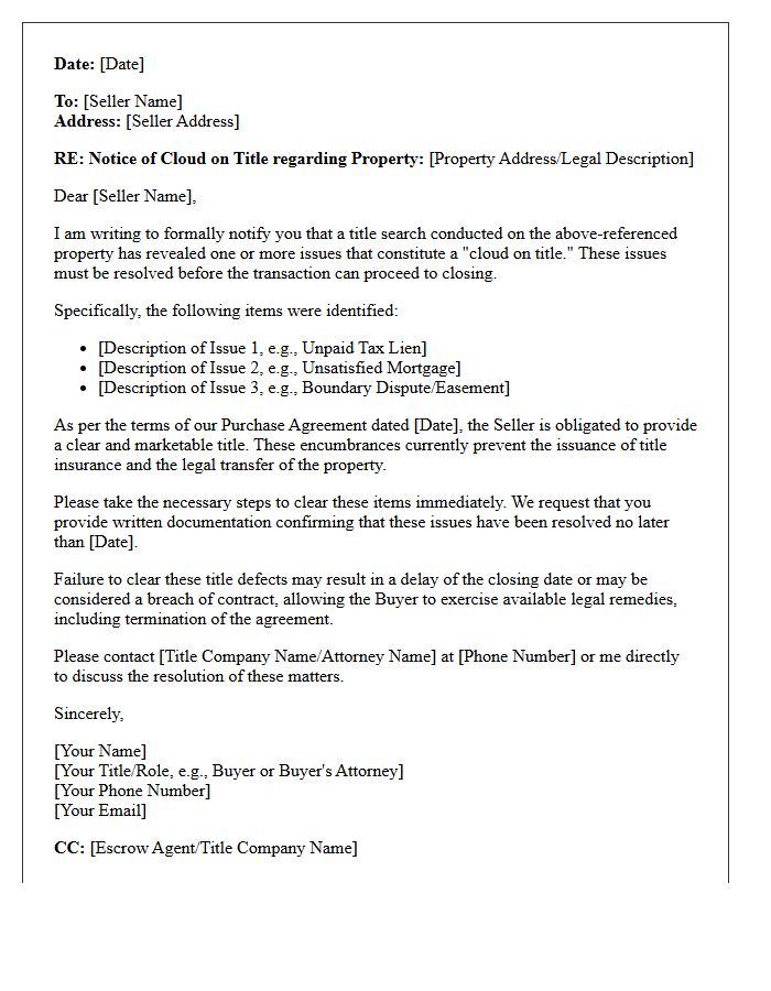 Seller Notification of Cloud on Title Letter