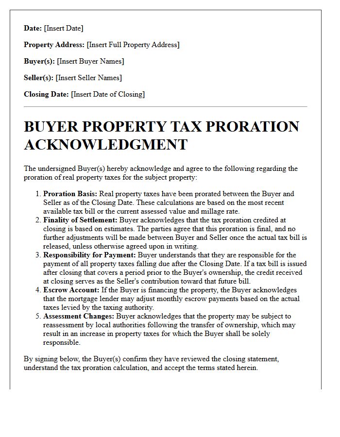 Buyer Property Tax Proration Acknowledgment Letter