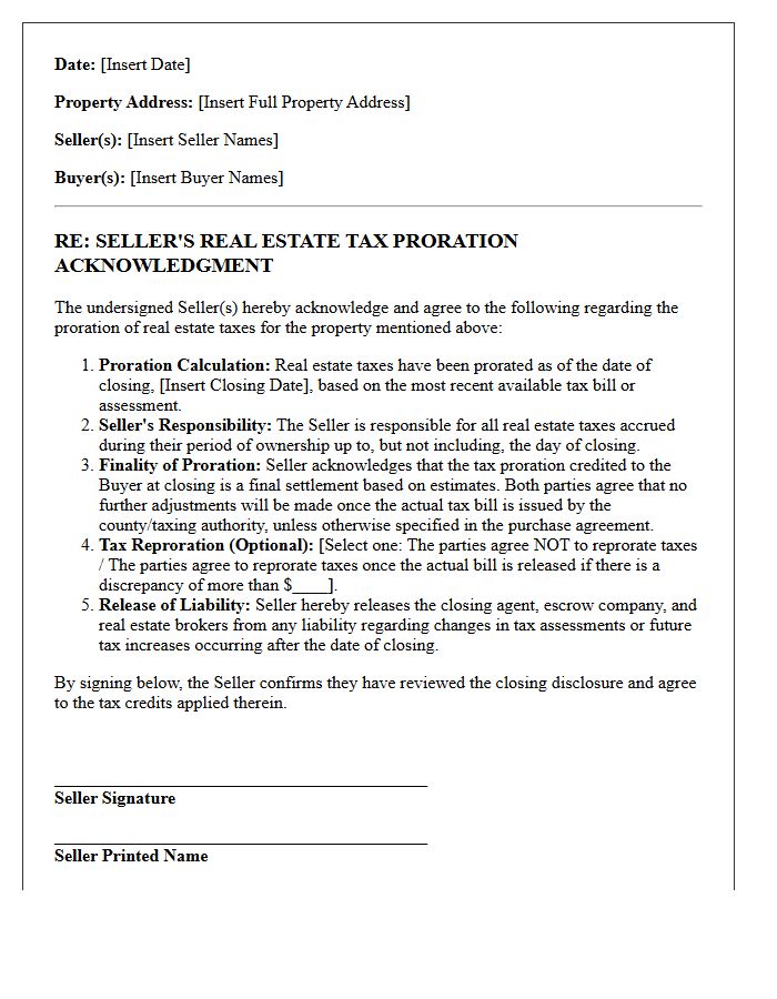 Seller Real Estate Tax Proration Acknowledgment Letter