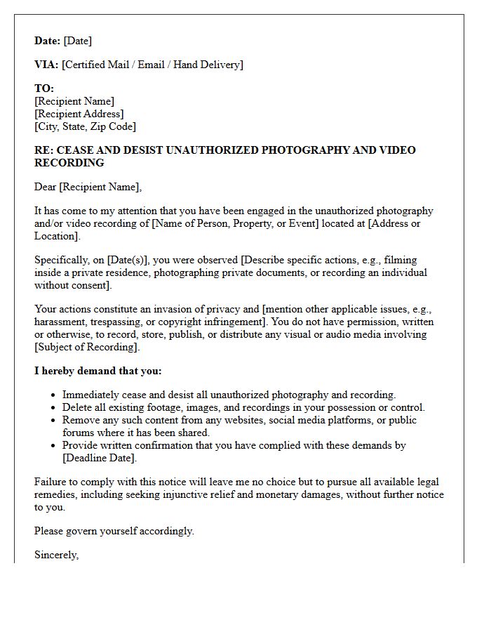 Unauthorized Photography and Video Recording Cease and Desist Letter