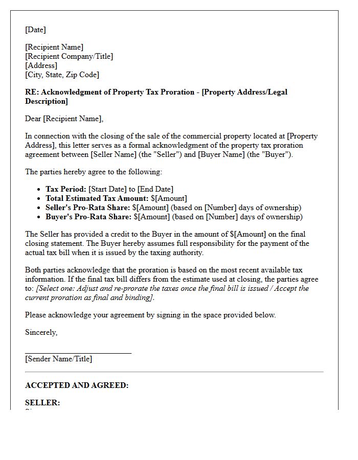 Commercial Property Tax Proration Acknowledgment Letter