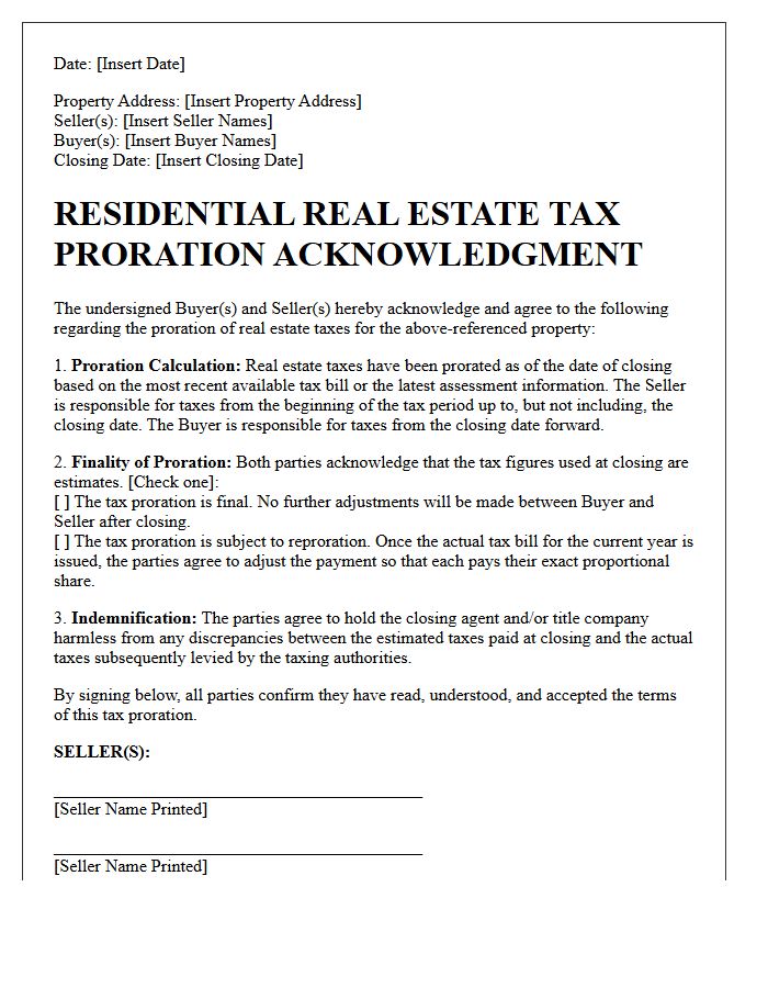 Residential Real Estate Tax Proration Acknowledgment Letter