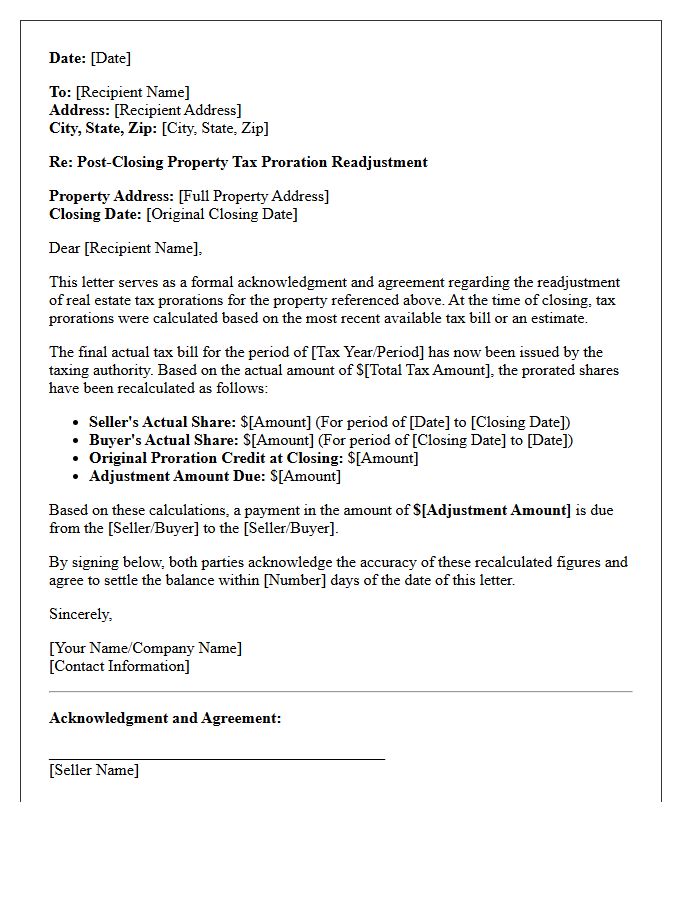 Post-Closing Tax Proration Readjustment Acknowledgment Letter