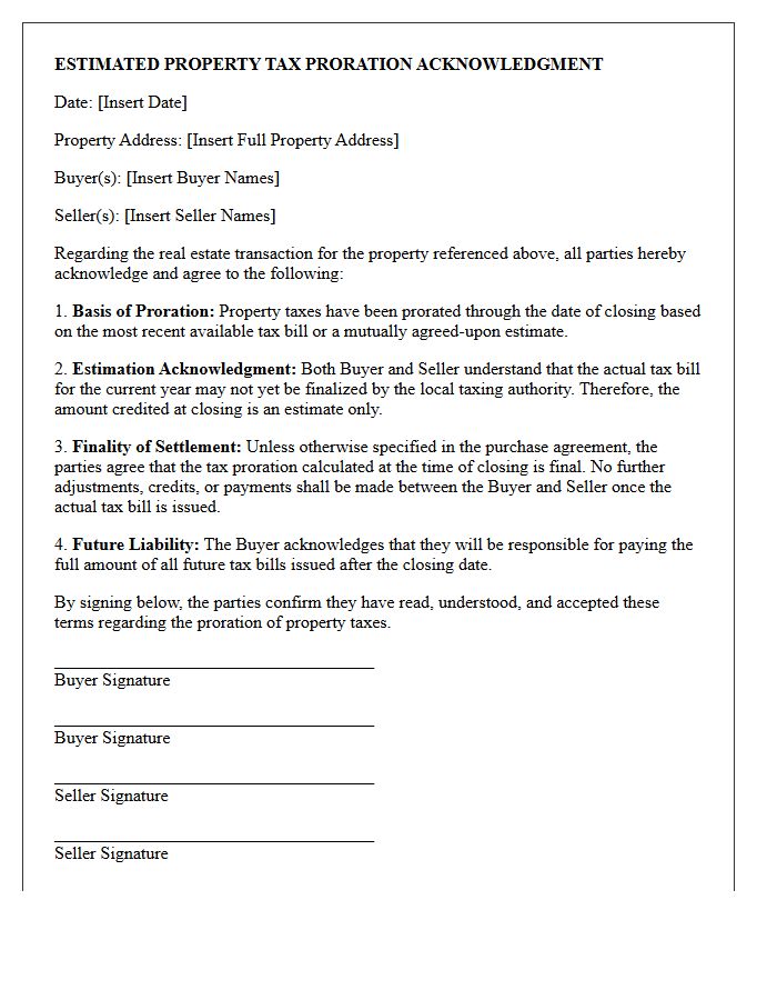 Estimated Property Tax Proration Acknowledgment Letter