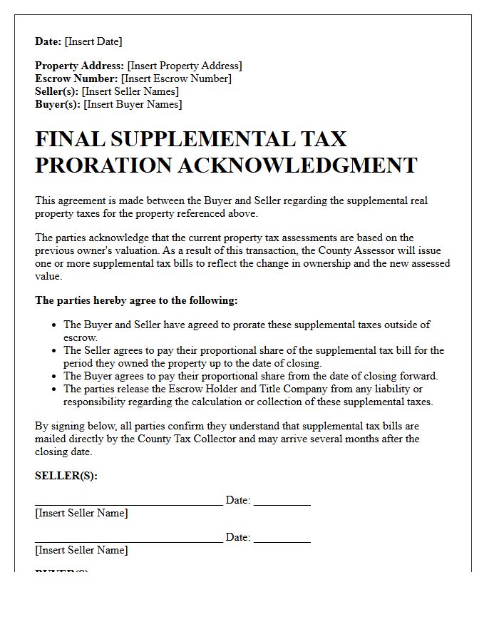 Final Supplemental Tax Proration Acknowledgment Letter