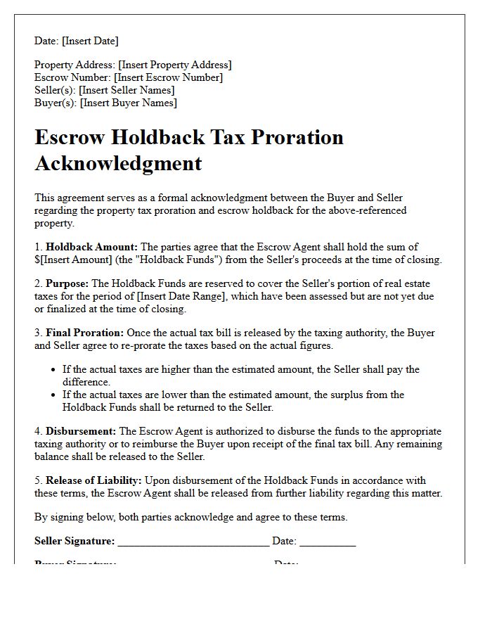 Escrow Holdback Tax Proration Acknowledgment Letter