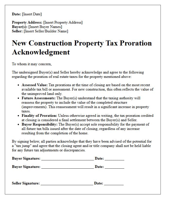 New Construction Property Tax Proration Acknowledgment Letter