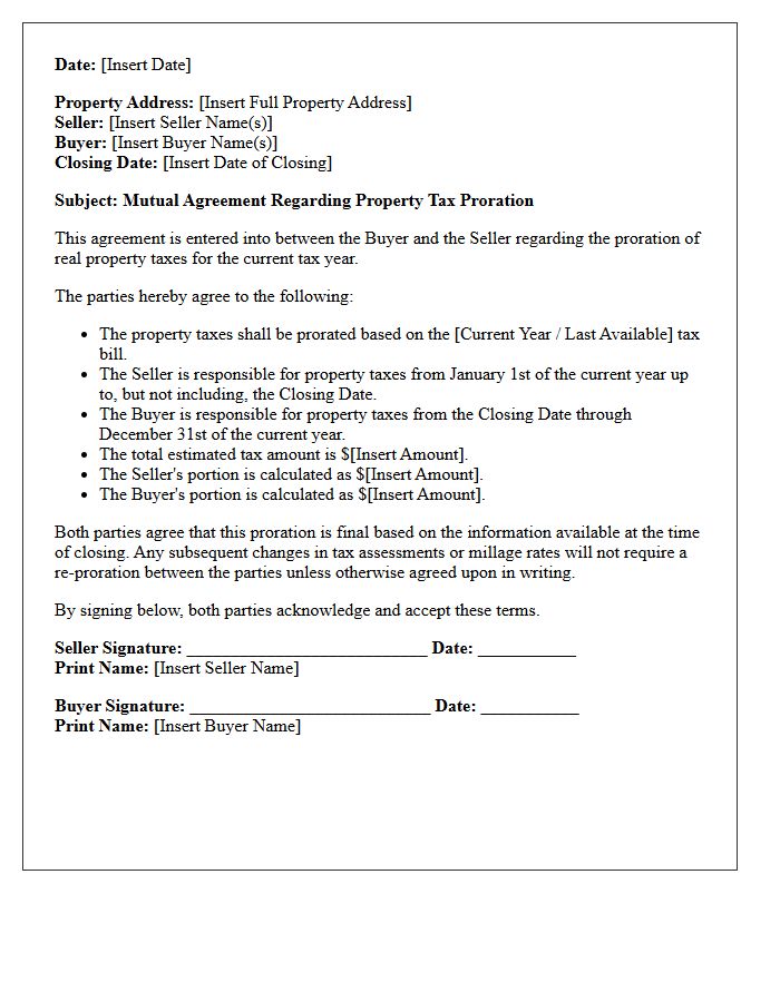 Mutual Agreement Property Tax Proration Letter