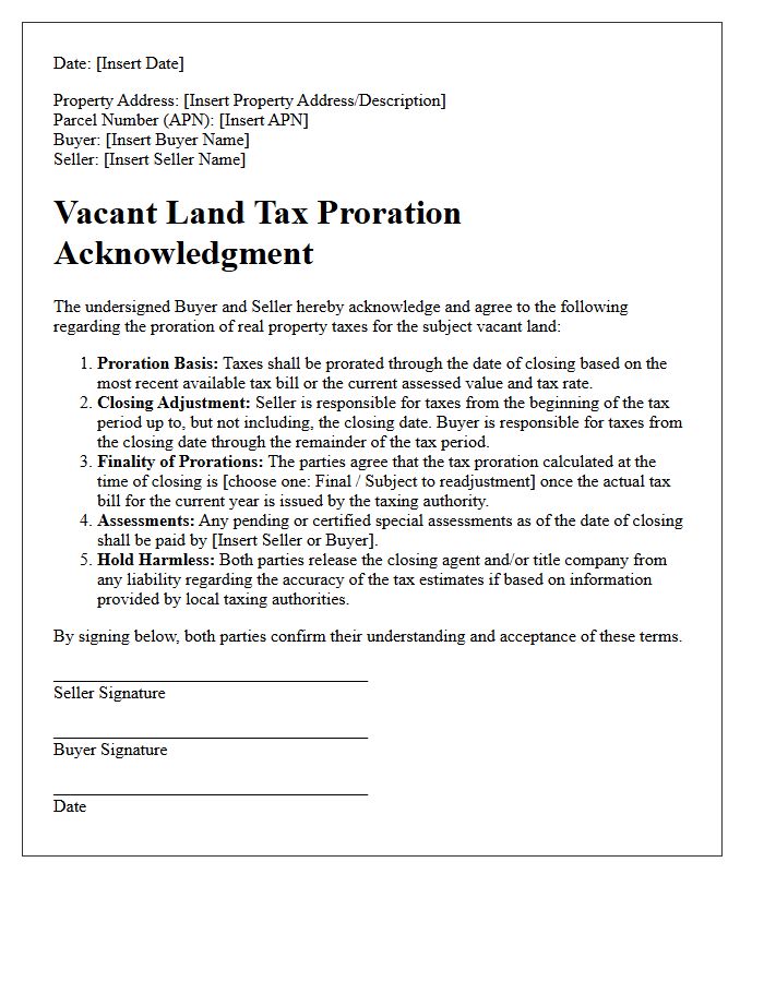 Vacant Land Tax Proration Acknowledgment Letter
