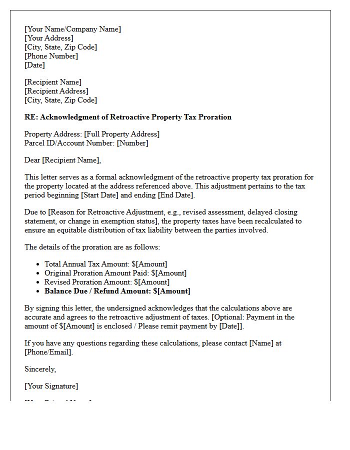 Retroactive Property Tax Proration Acknowledgment Letter