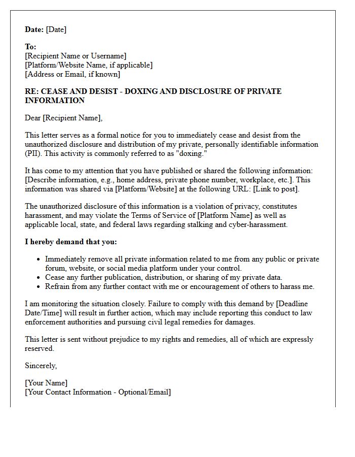 Doxing and Private Information Disclosure Cease and Desist Letter
