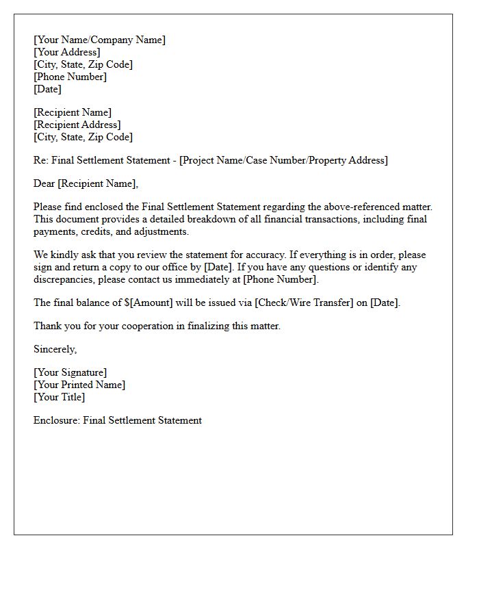 Final Settlement Statement Cover Letter