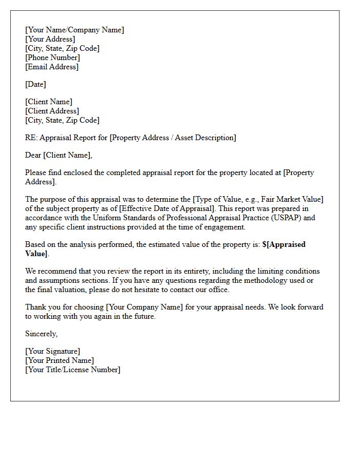 Appraisal Report Delivery Cover Letter
