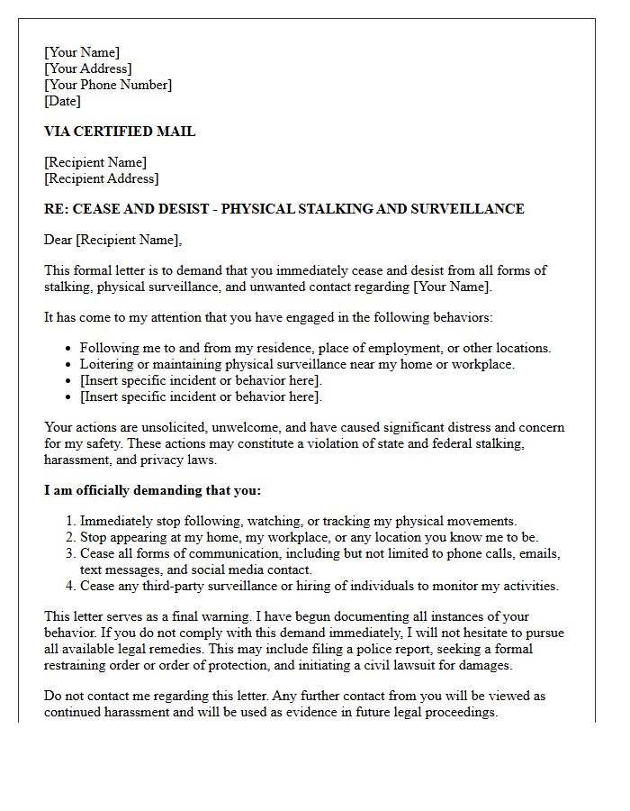 Physical Stalking and Surveillance Cease and Desist Letter