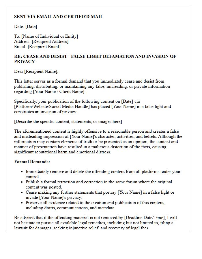 False Light Defamation and Privacy Invasion Cease and Desist Letter