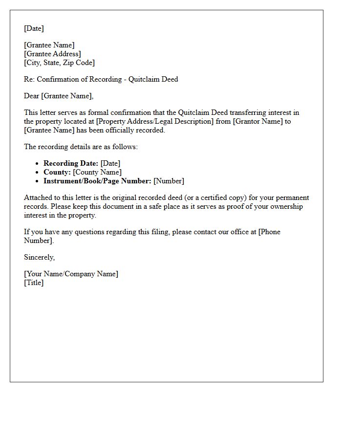Quitclaim Deed Recording Confirmation Letter