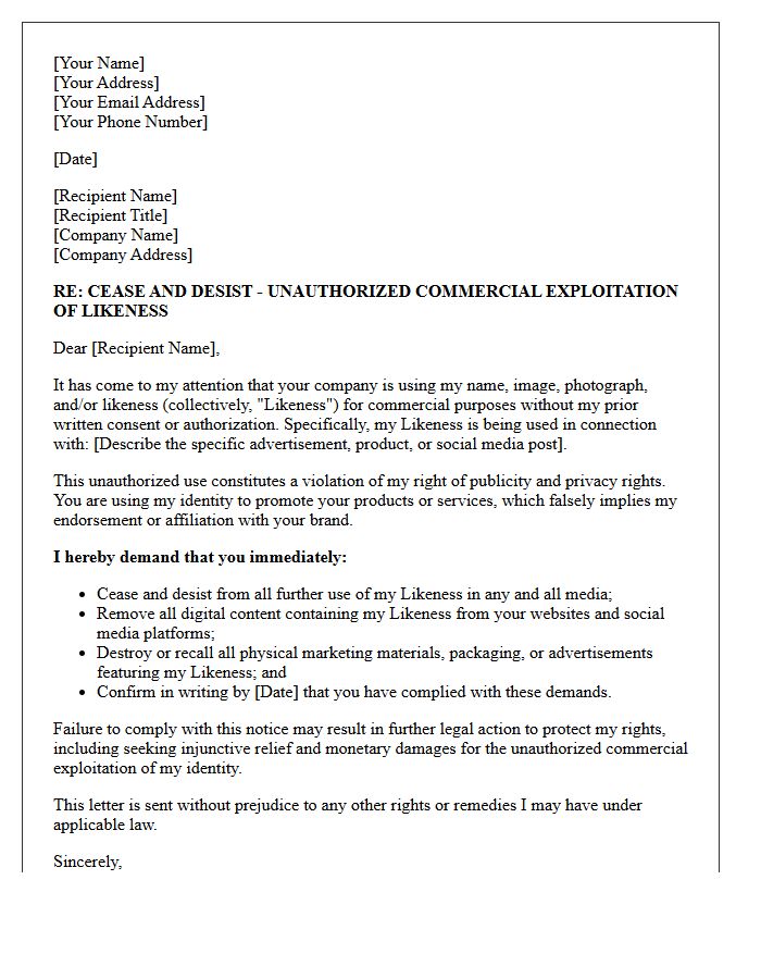 Unauthorized Commercial Exploitation of Likeness Cease and Desist Letter