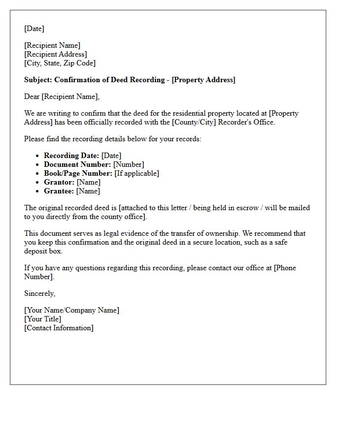 Residential Property Deed Recording Confirmation Letter