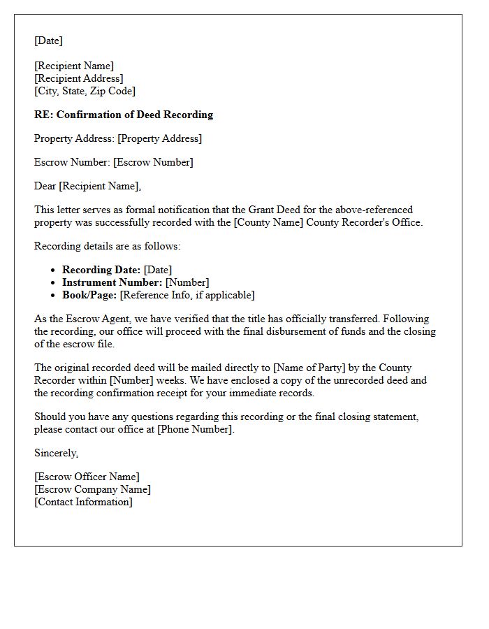 Escrow Agent Deed Recording Confirmation Letter