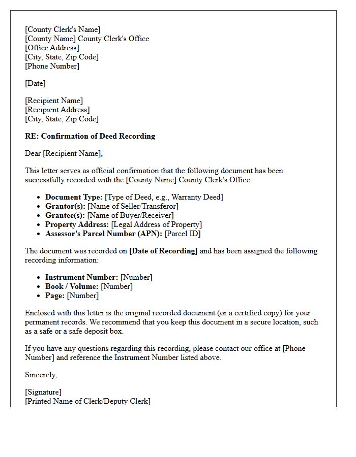County Clerk Deed Recording Confirmation Letter