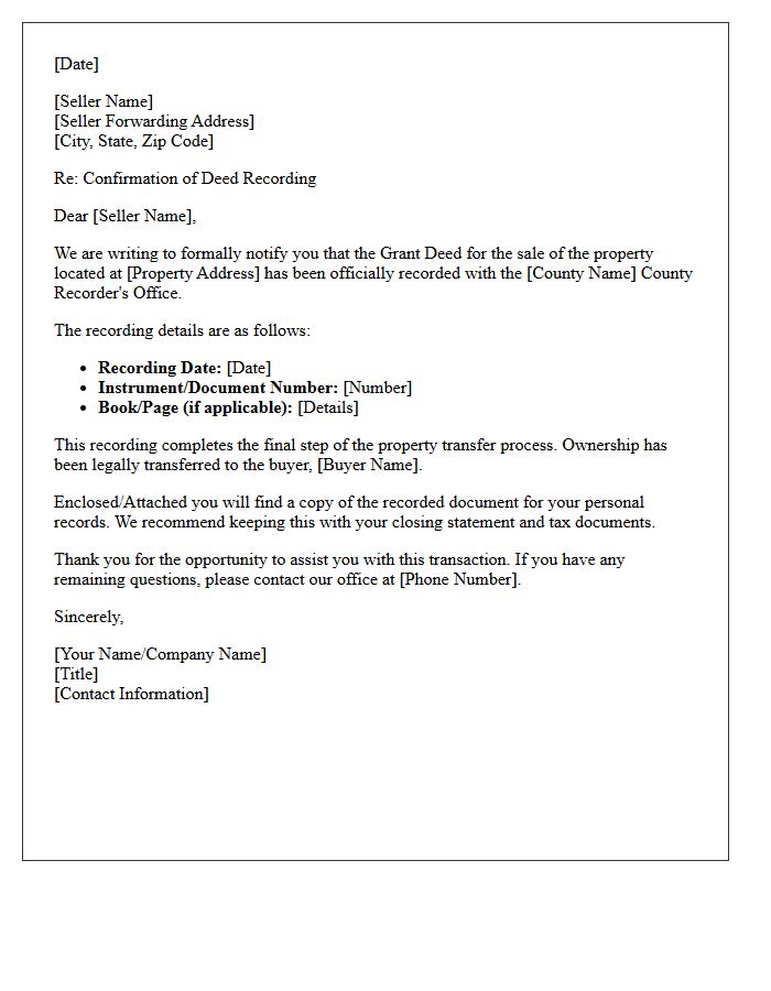 Seller Post-Closing Deed Recording Confirmation Letter