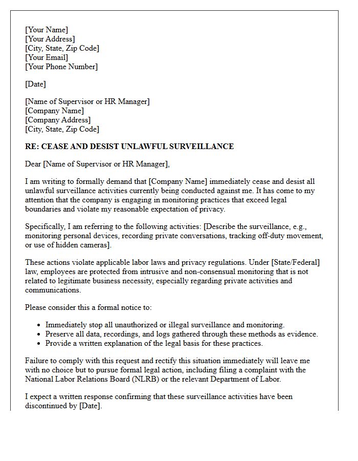 Employer Unlawful Surveillance Cease and Desist Letter