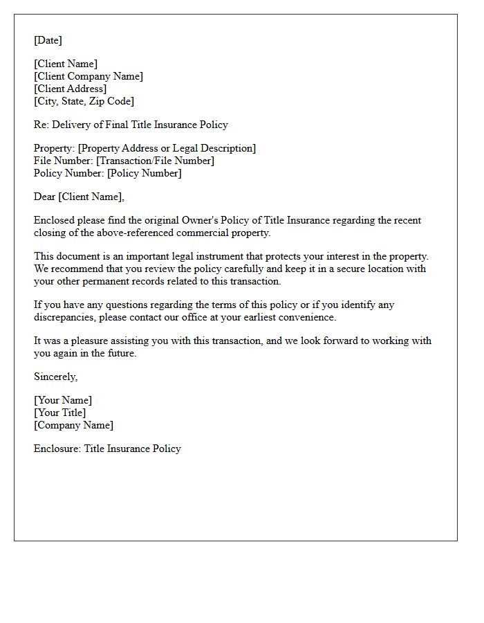 Commercial Real Estate Title Insurance Policy Delivery Letter