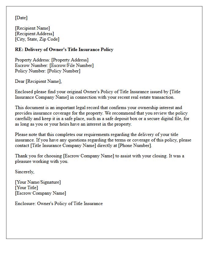 Escrow Agent Title Insurance Policy Delivery Letter