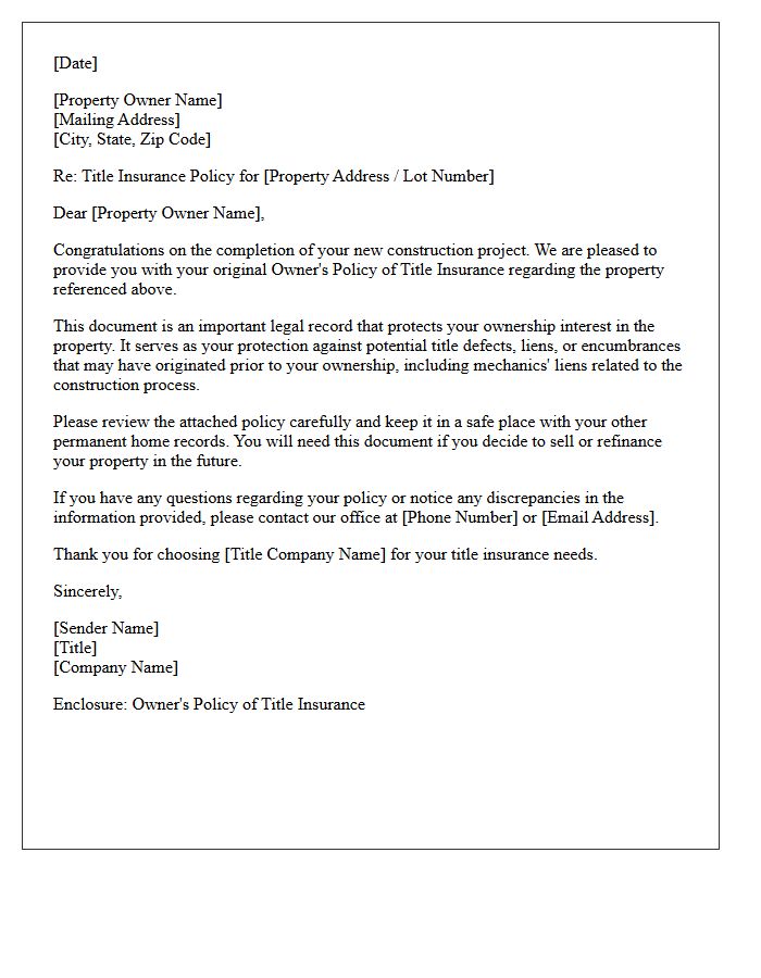 New Construction Title Insurance Policy Delivery Letter