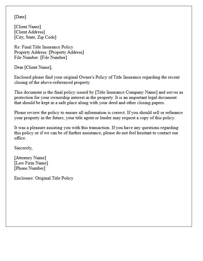 Closing Attorney Title Insurance Policy Delivery Letter
