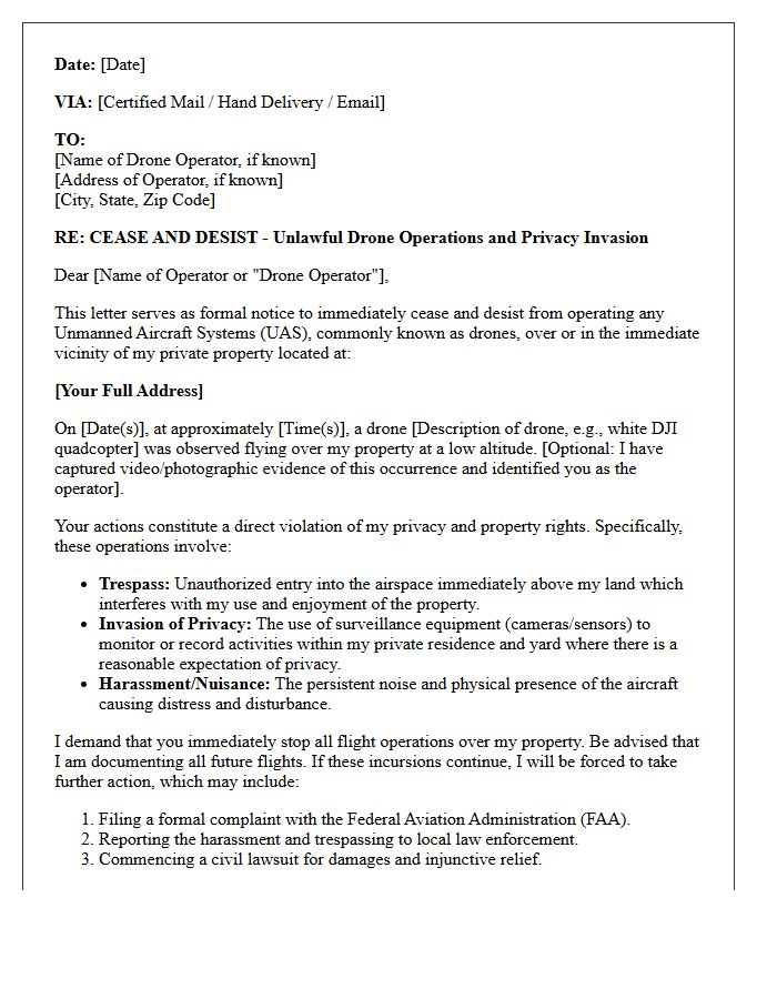 Aerial Drone Trespass and Privacy Invasion Cease and Desist Letter