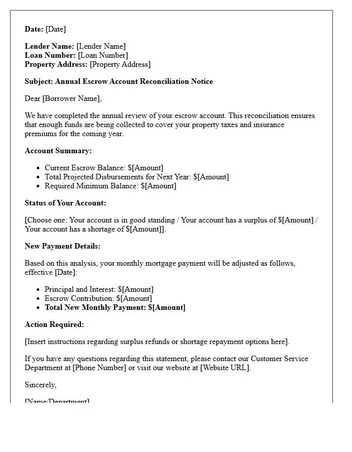 Annual Escrow Account Reconciliation Notice Letter