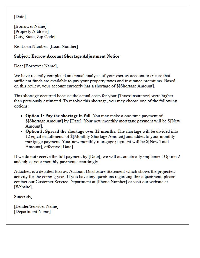 Escrow Account Shortage Adjustment Notice Letter