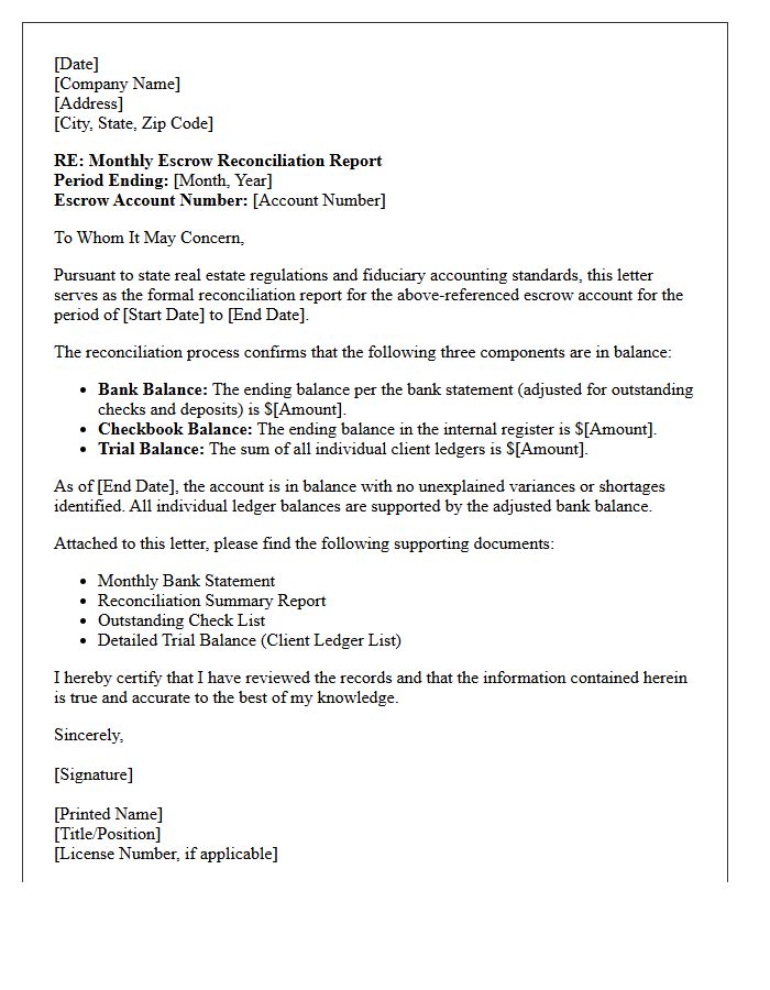 Monthly Real Estate Escrow Reconciliation Letter