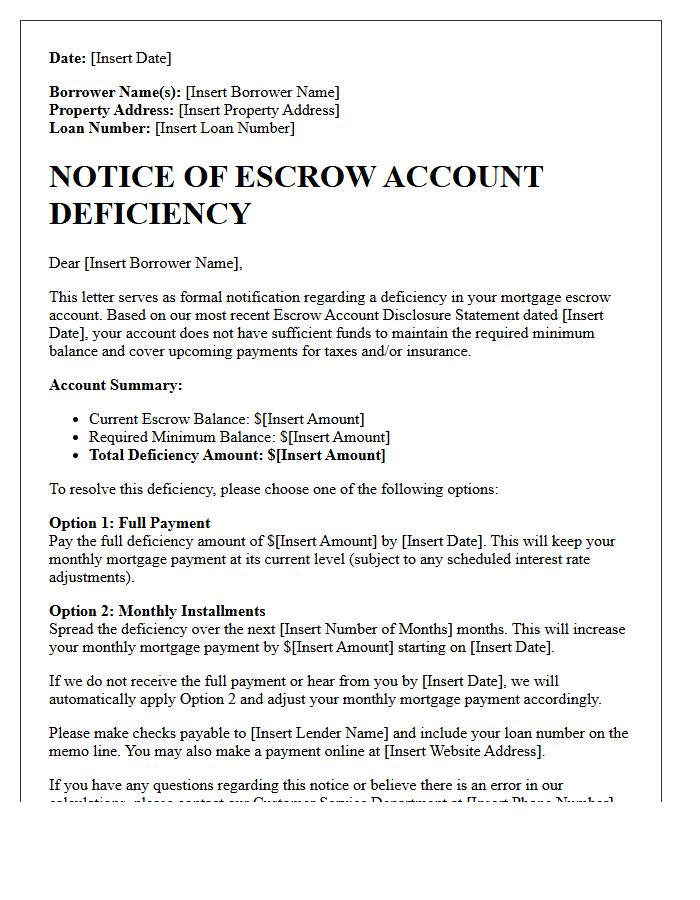 Escrow Account Deficiency Demand Notice Letter