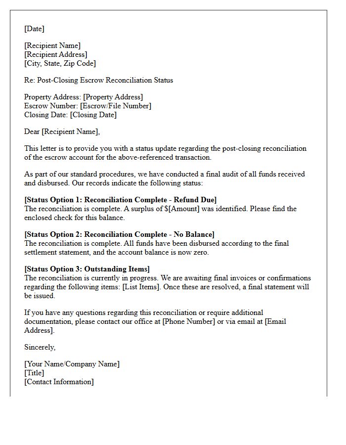 Post-Closing Escrow Reconciliation Status Letter