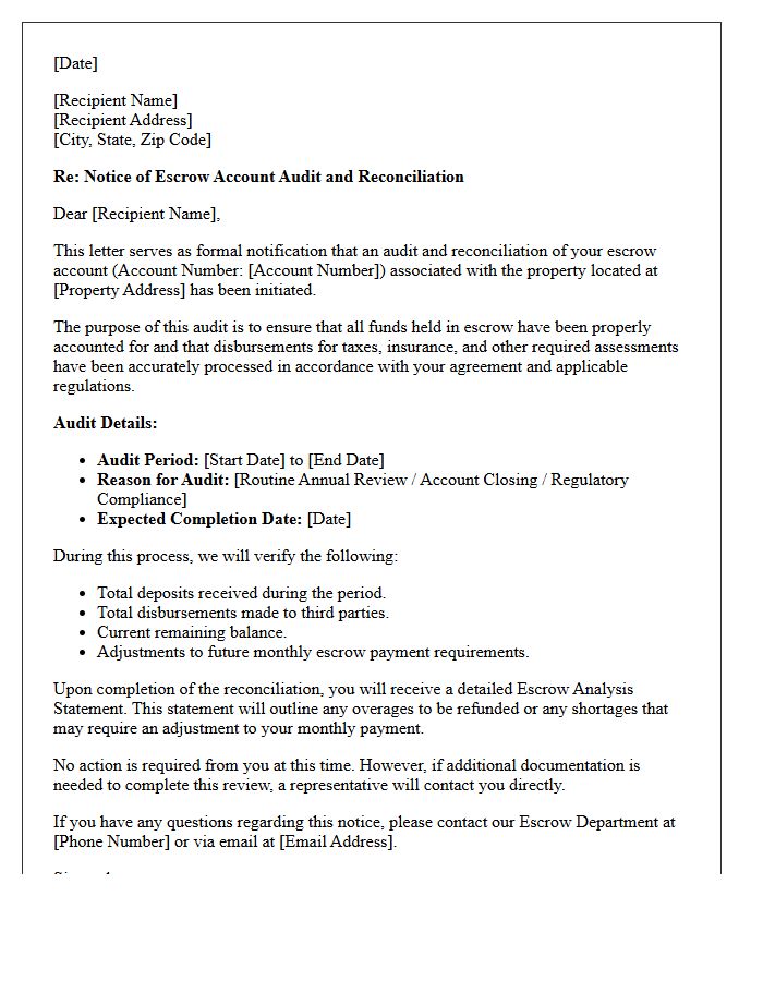 Escrow Account Audit and Reconciliation Notice Letter