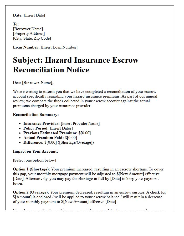 Hazard Insurance Escrow Reconciliation Notice Letter