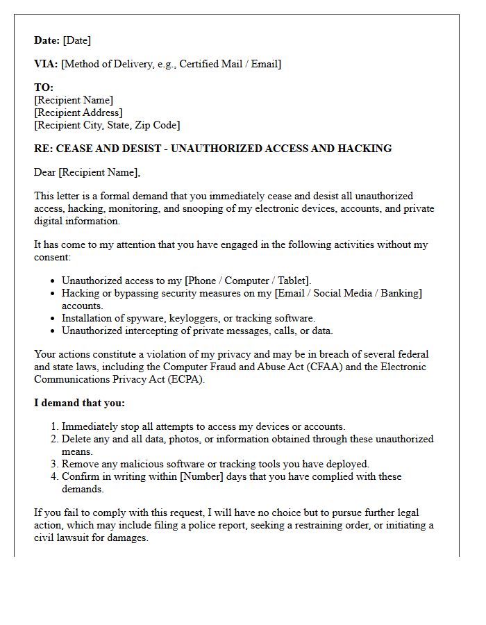 Electronic Device Hacking and Snooping Cease and Desist Letter
