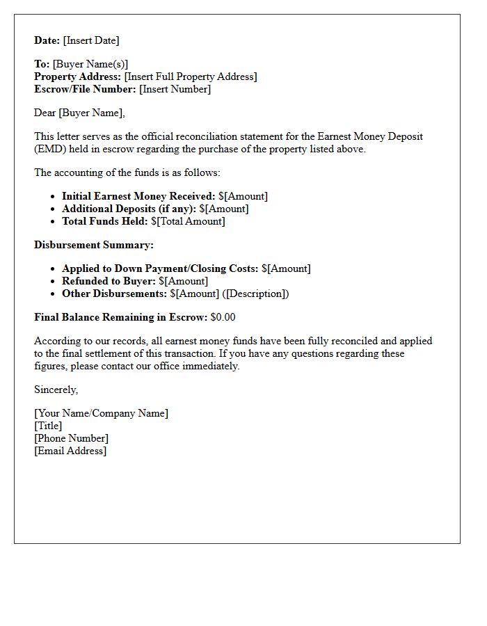 Buyer Earnest Money Escrow Reconciliation Letter