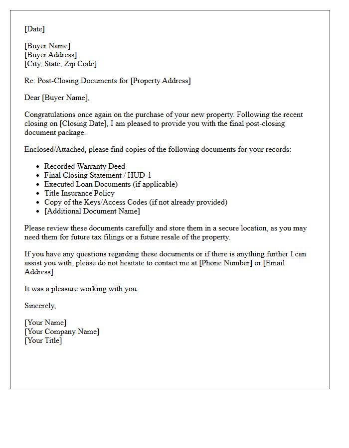 Buyer Post-Closing Document Delivery Letter