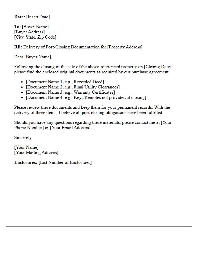 Seller Post-Closing Document Delivery Letter