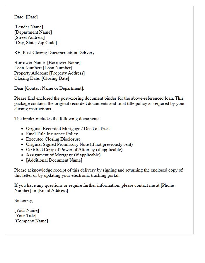 Lender Post-Closing Binder Delivery Letter