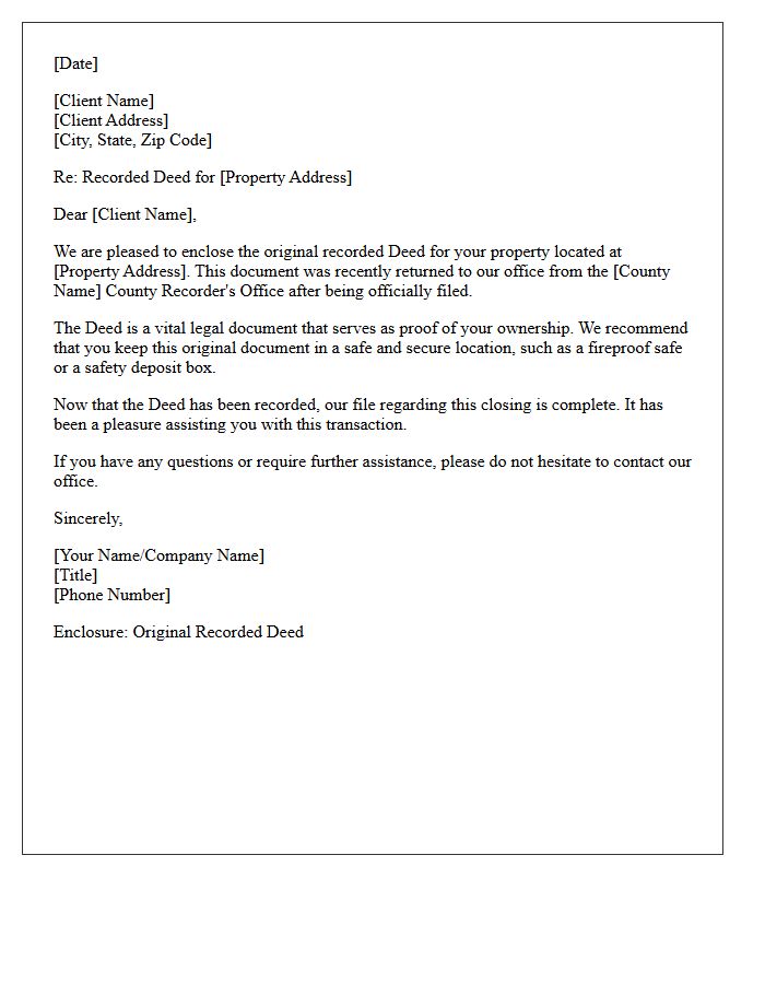 Recorded Deed Post-Closing Delivery Letter