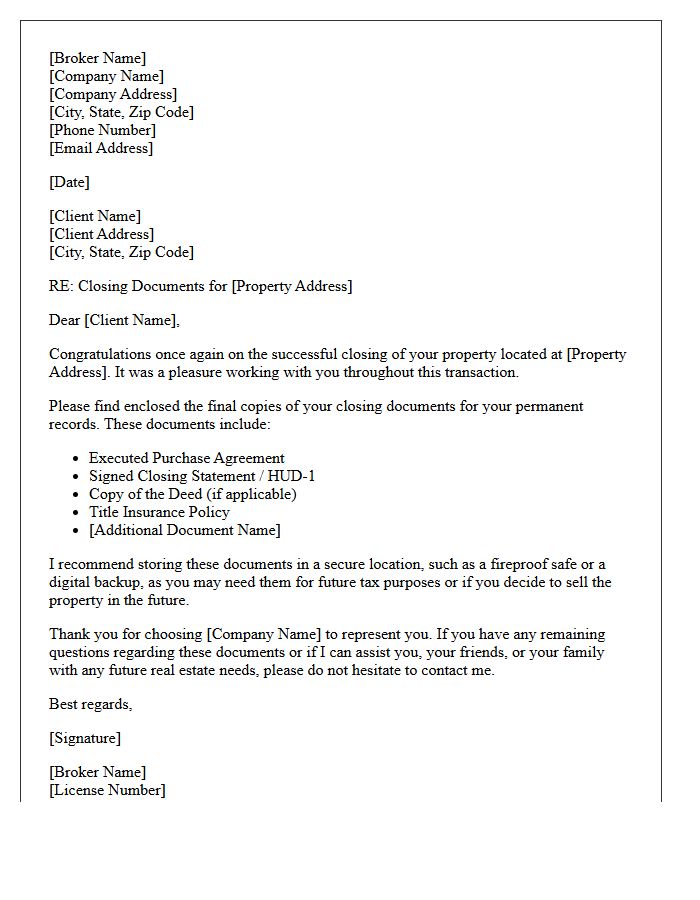 Real Estate Broker Post-Closing Document Delivery Letter